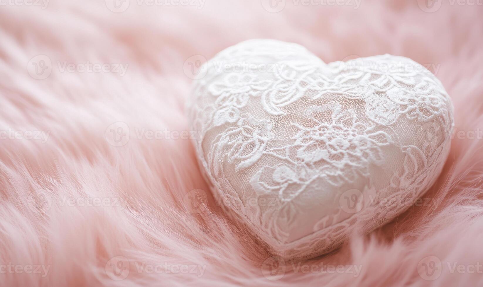 A white lace heart is on a pink surface photo