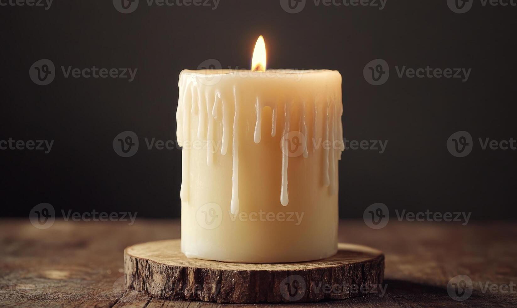A candle with dripping wax on top of a wooden base photo