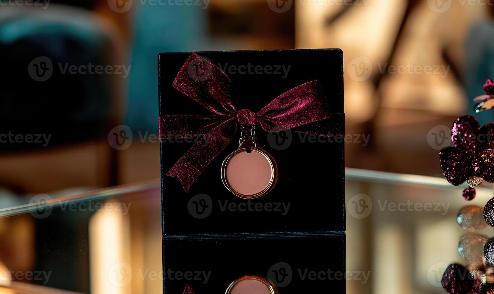 A small box with a pink ribbon and a gold colored charm photo
