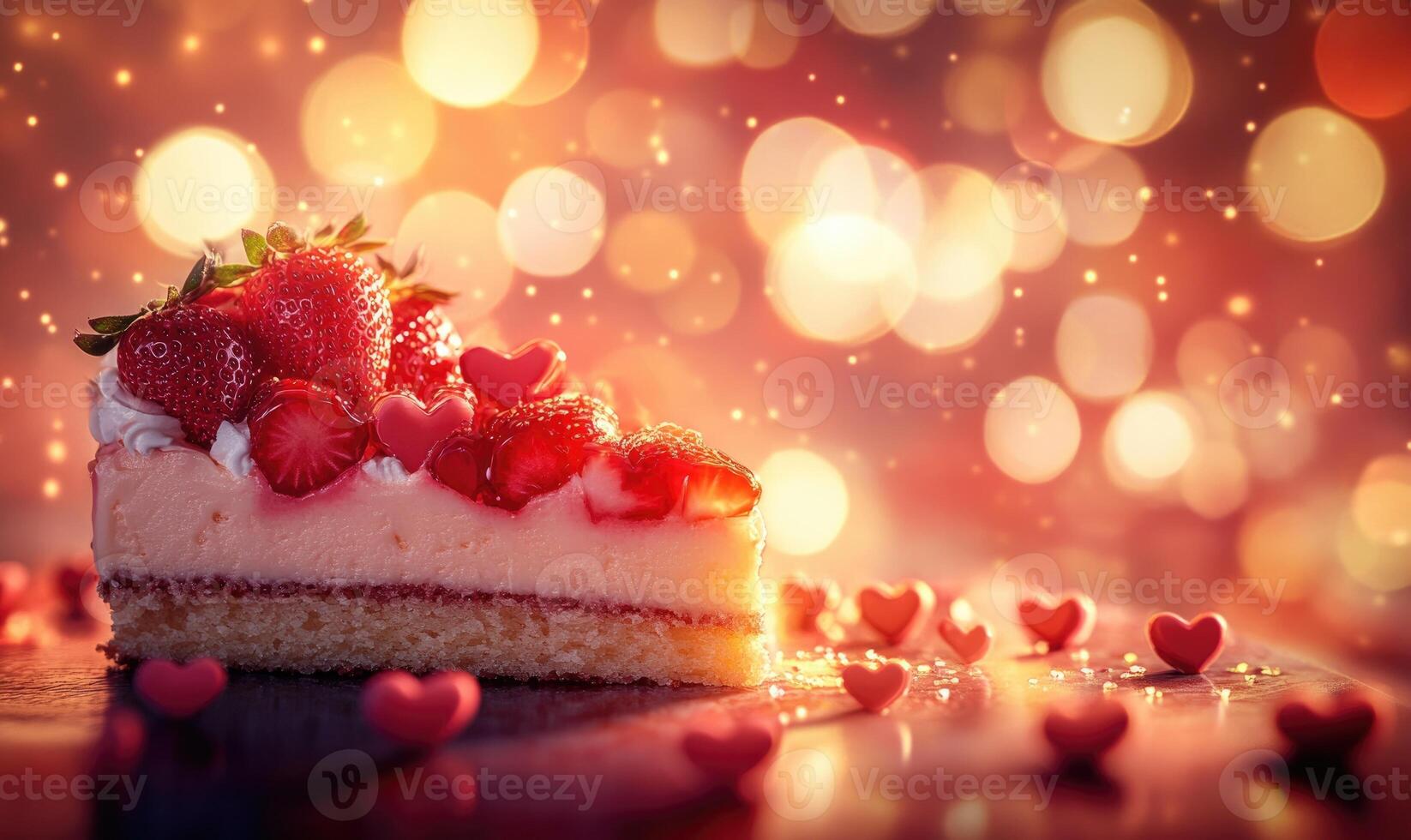 A slice of cake with strawberries and hearts on top photo