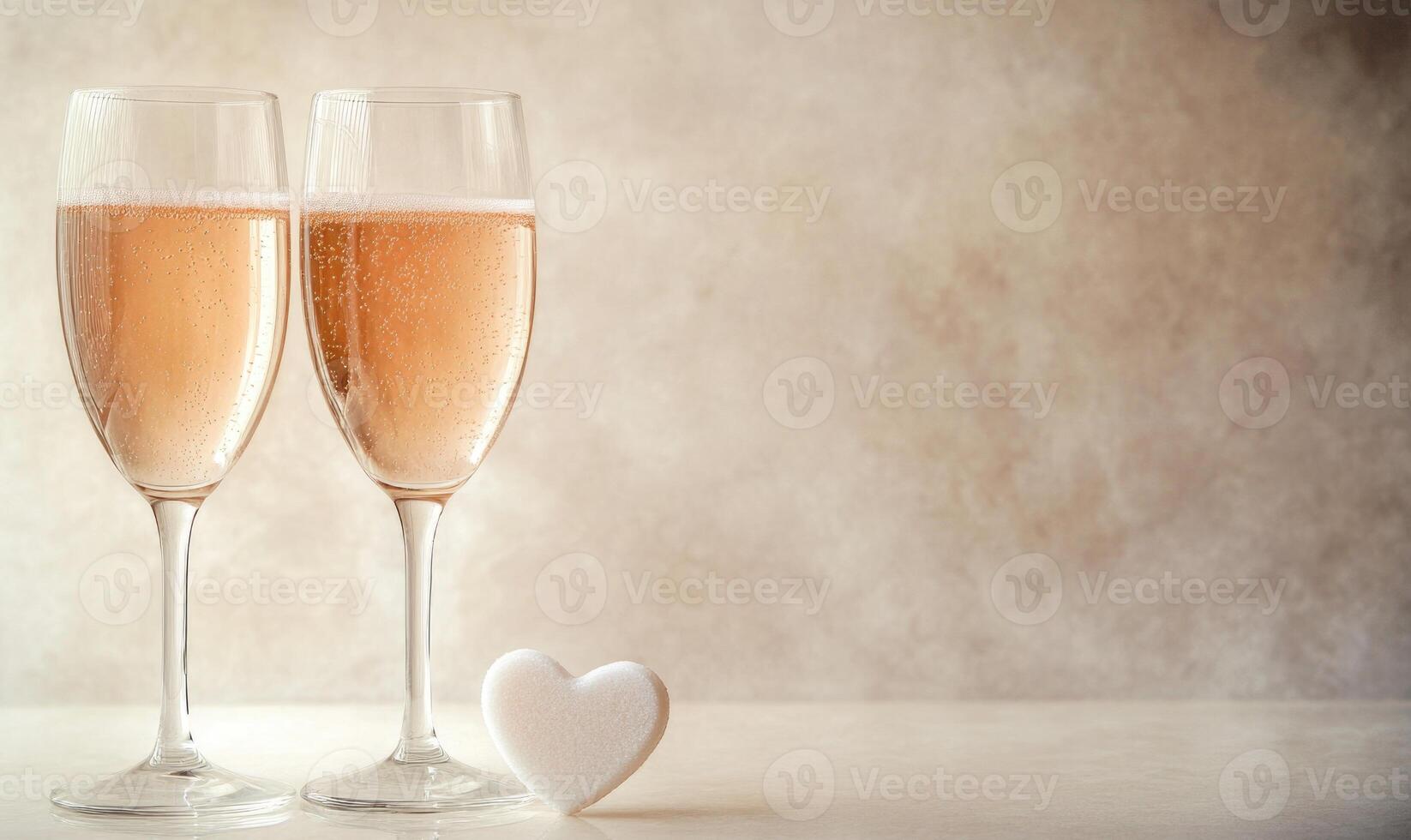 Two glasses of champagne with a heart shaped sugar cube in the middle photo