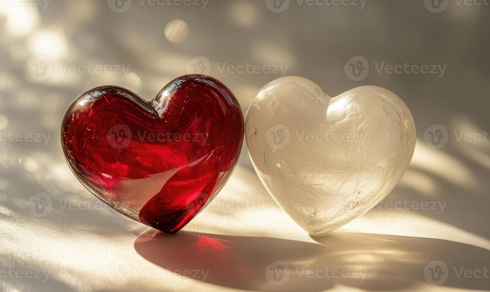 Two hearts, one red and one white, are sitting on a table photo
