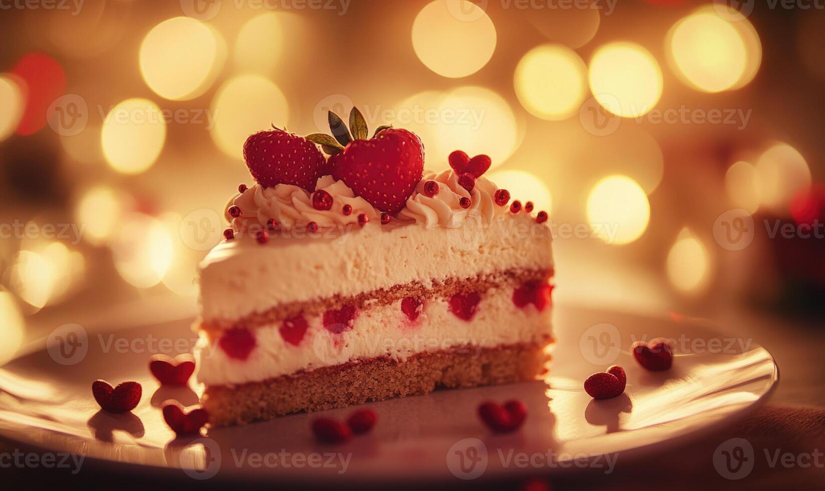 A slice of cake with strawberries and hearts on top photo