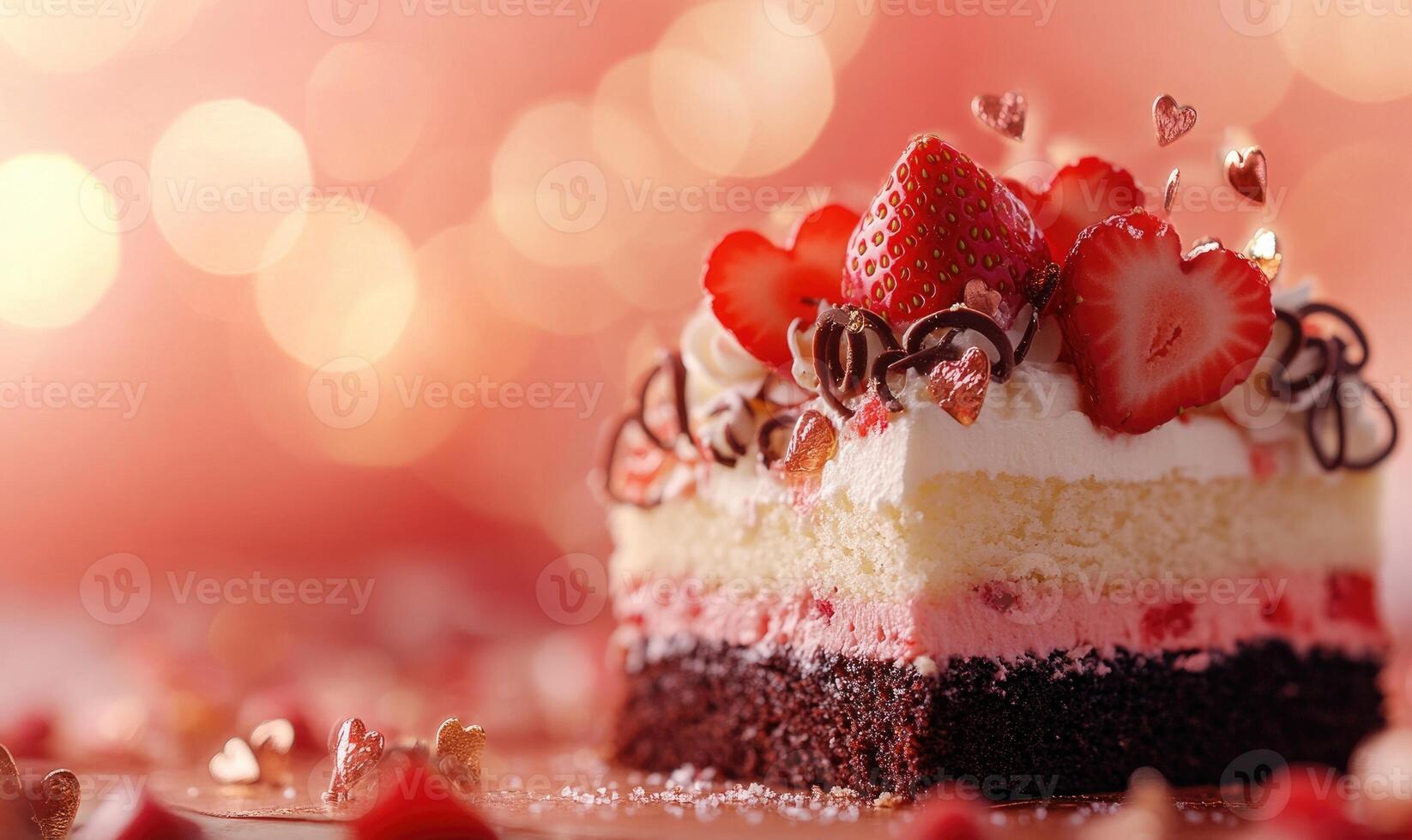 A slice of cake with strawberries and chocolate on top photo