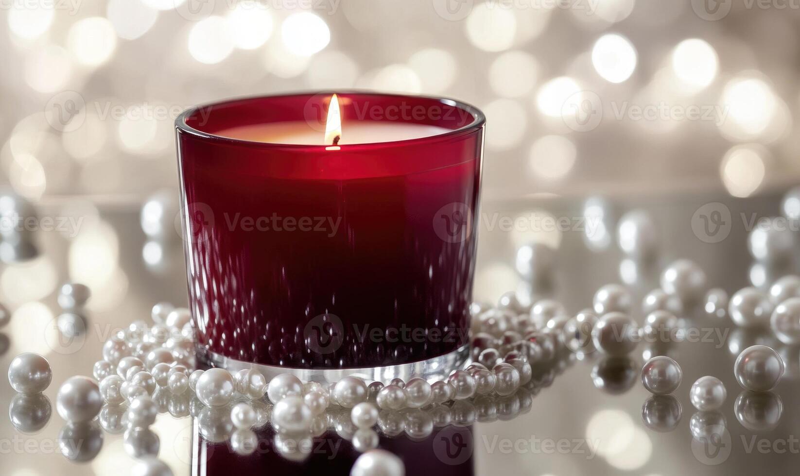 A red candle is lit in a glass container photo
