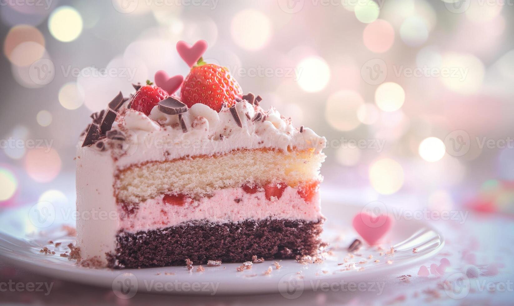 A slice of cake with strawberries on top photo