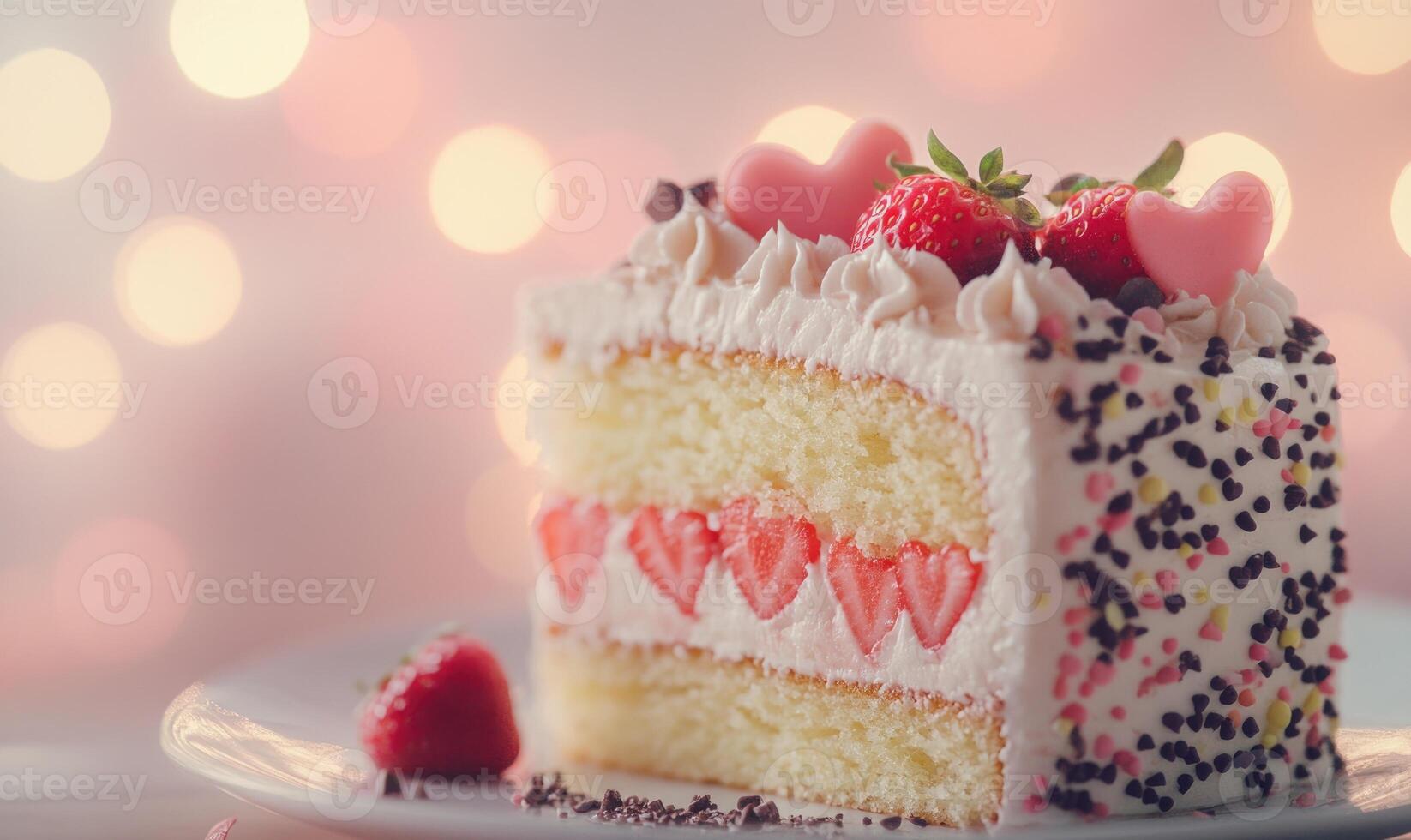 A slice of cake with strawberries and hearts on it photo
