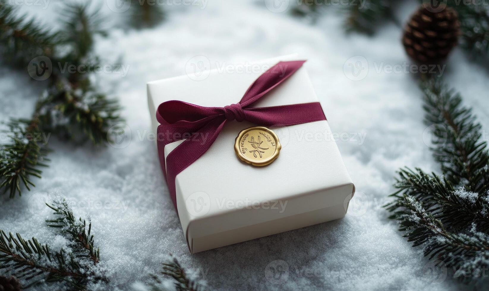 A white box with a red ribbon and a gold stamp on it photo