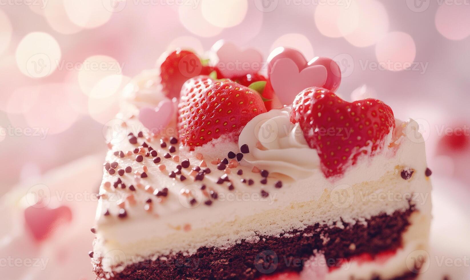 A slice of cake with strawberries and hearts on top photo