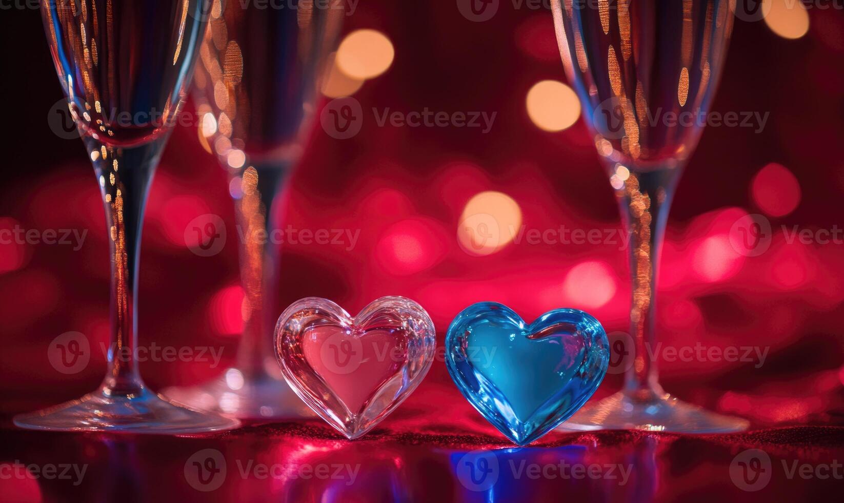 A pair of blue and pink hearts are placed in a row of three wine glasses photo