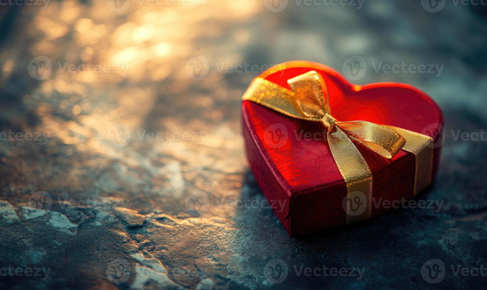 A red box with a gold ribbon on top of it photo