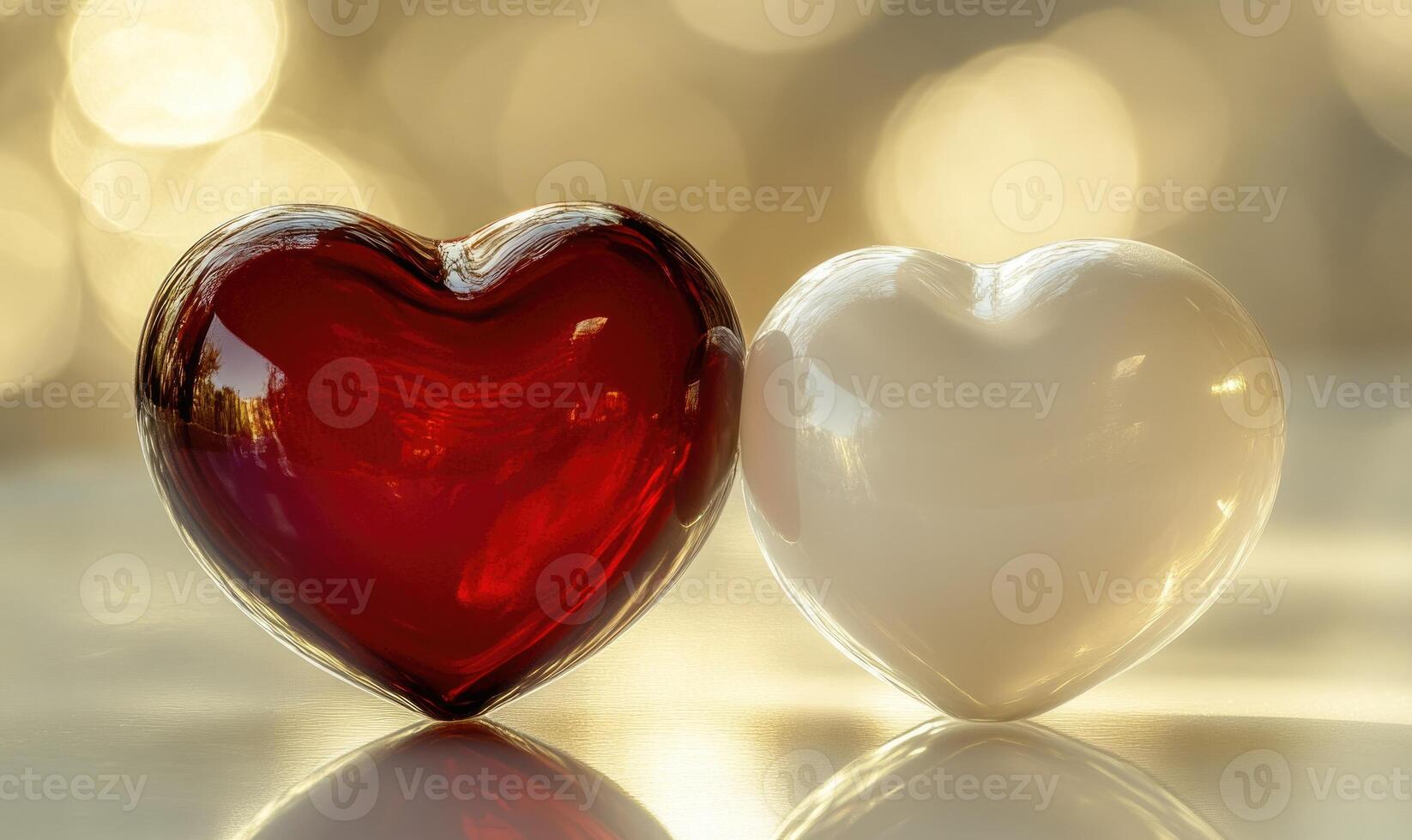 Two hearts, one red and one white, are sitting on a table photo