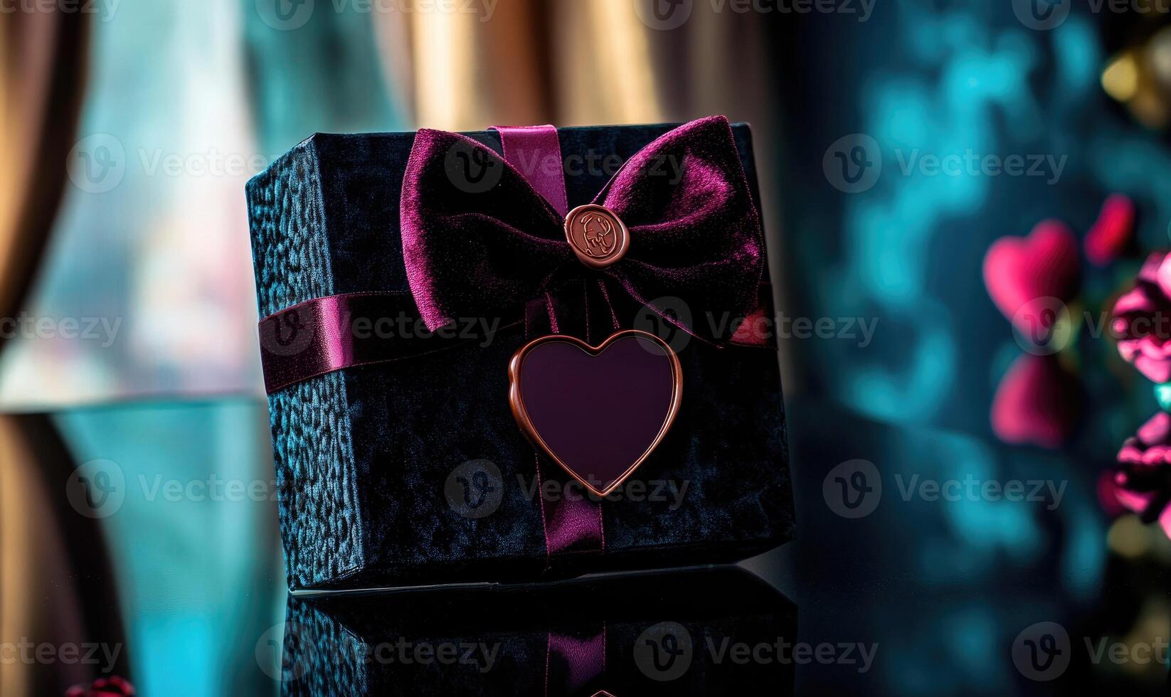 A black box with a red bow and a heart on it photo