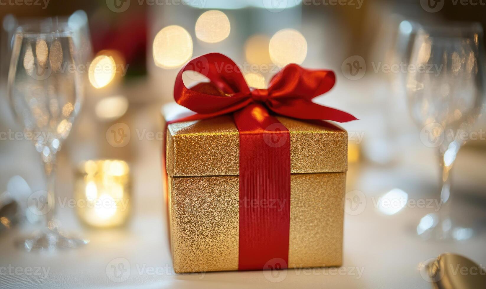 A gold box with a red ribbon on top of it photo