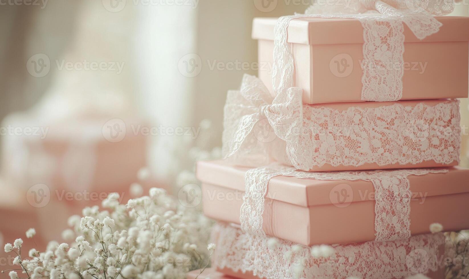 Three pink boxes stacked on top of each other with lace bows on them photo
