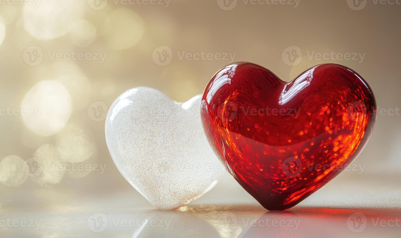 Two hearts, one red and one white, are sitting on a table photo