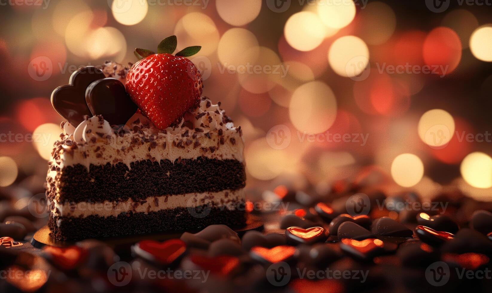 A slice of chocolate cake with strawberries on top photo