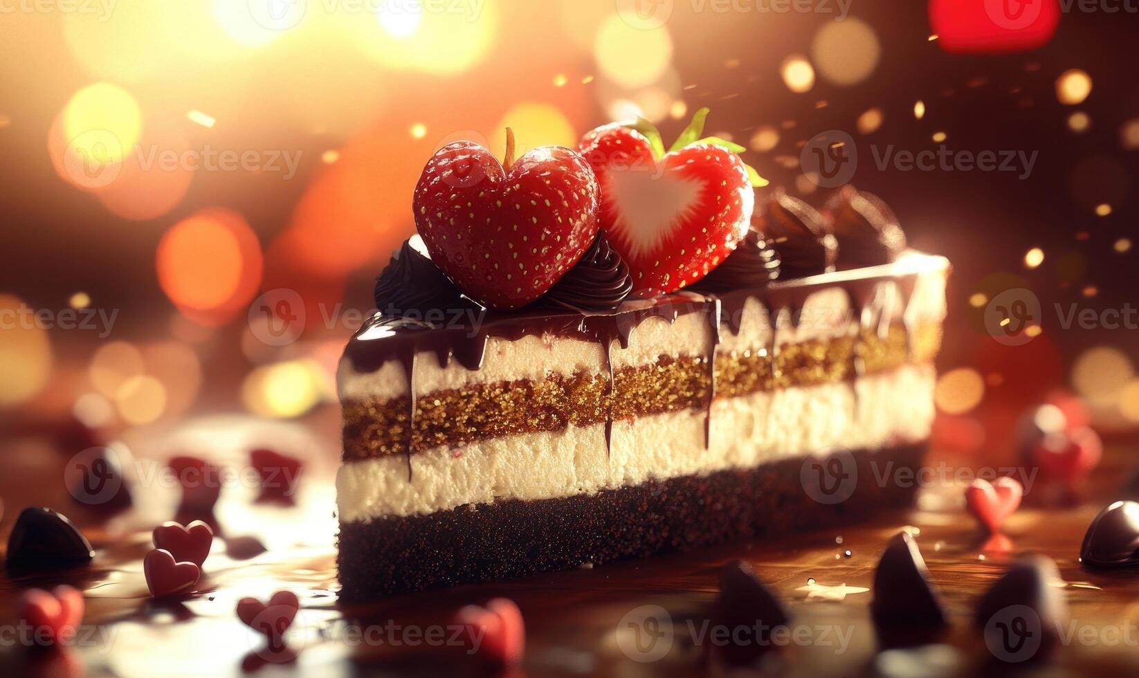 A slice of cake with two strawberries on top and a heart on the side photo