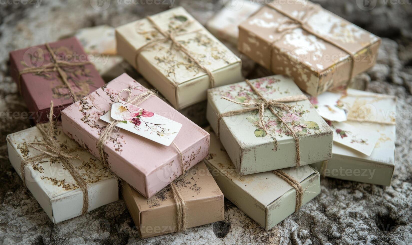 A stack of boxes with flowers on them photo