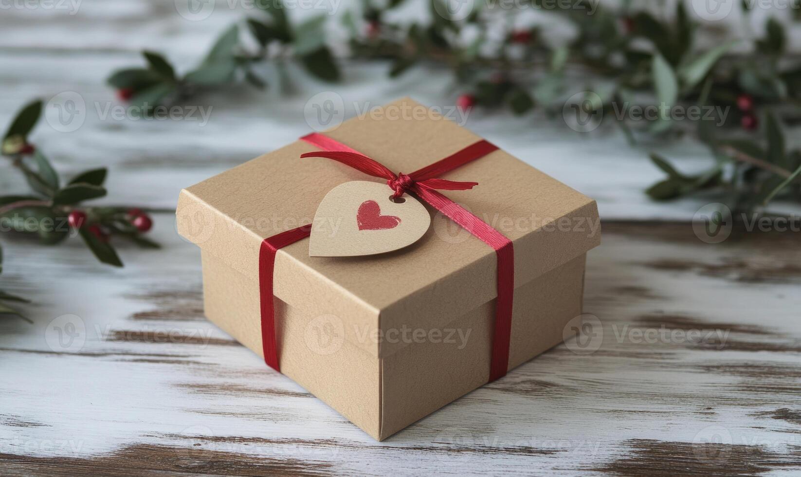 A brown box with a red ribbon and a heart tag photo