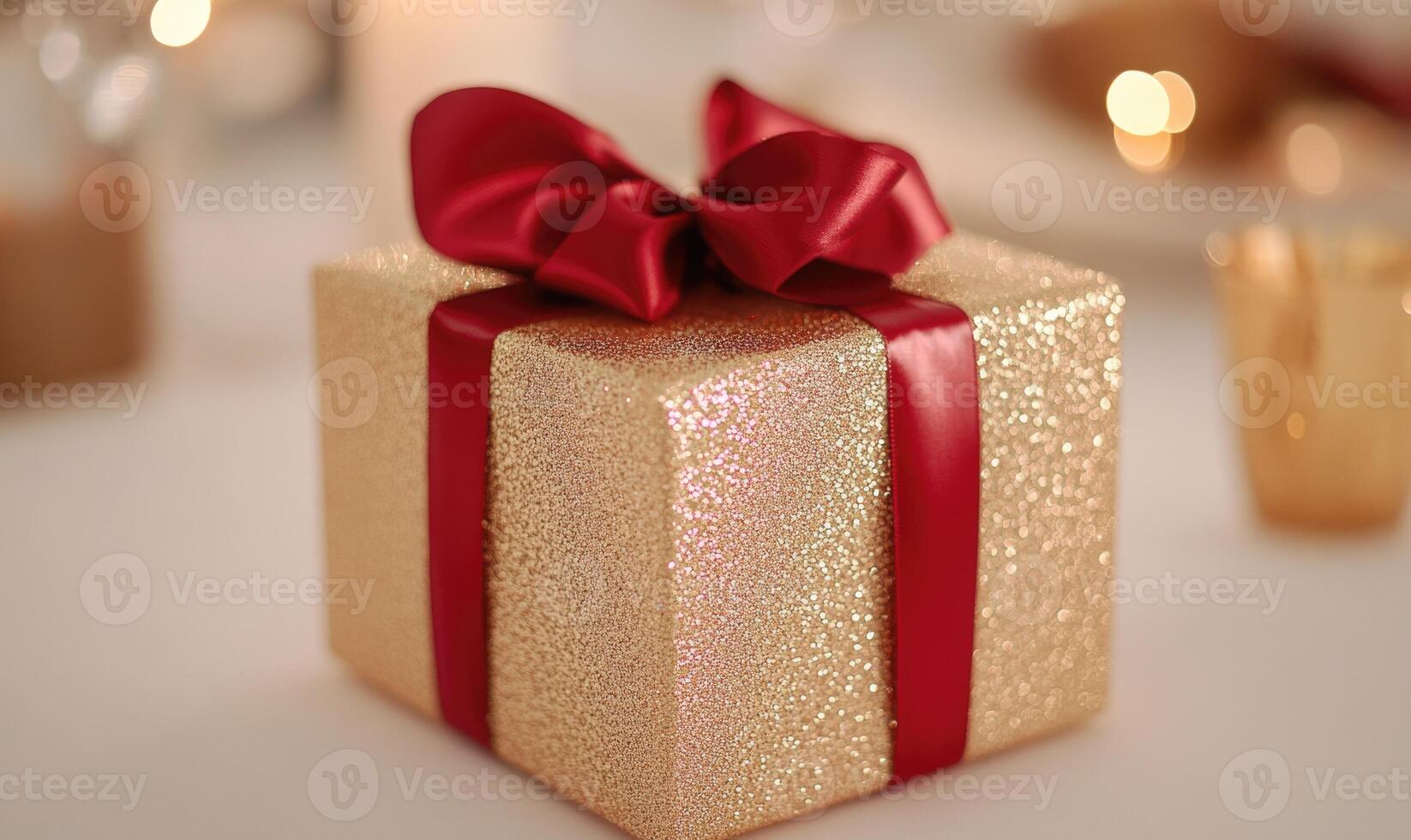 A gold box with red ribbon on top photo