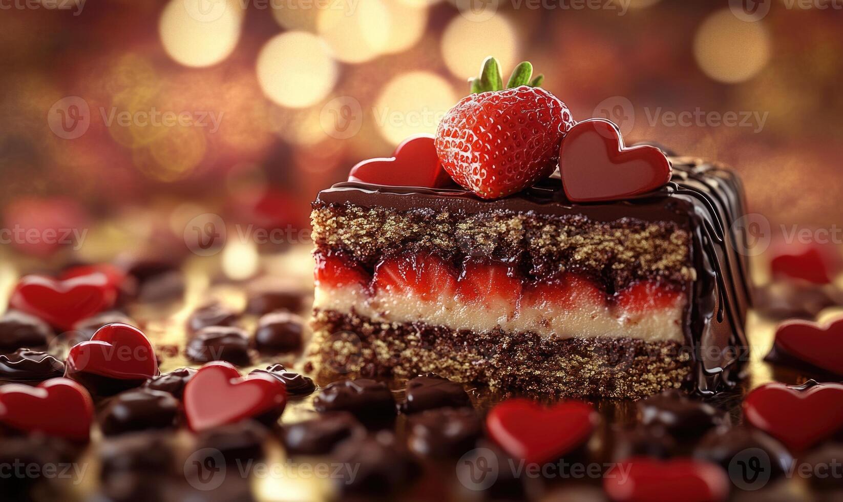 A slice of chocolate cake with strawberries on top and chocolate drizzle photo