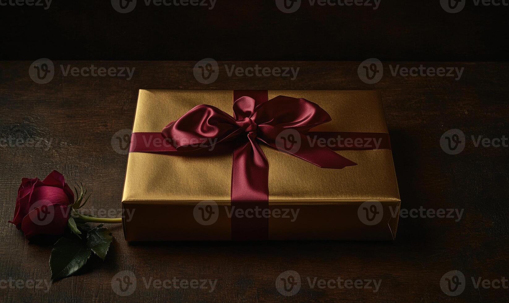 A gold box with a red ribbon on top of it photo