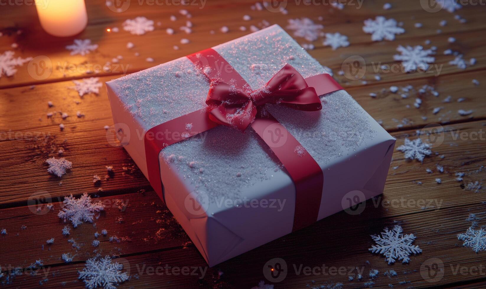 A white box with a red bow on top photo