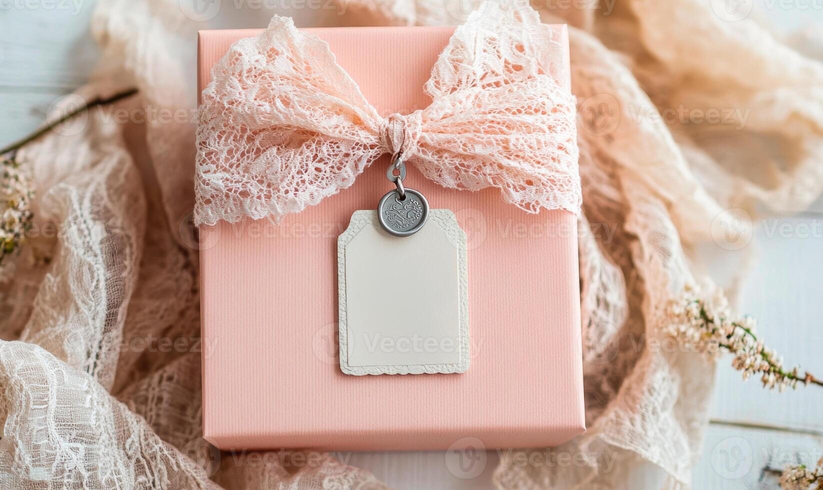 A pink box with a bow on top of it photo