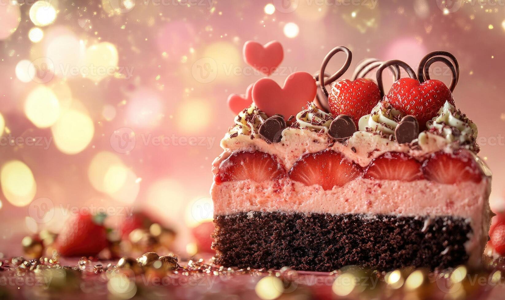A slice of cake with strawberries and chocolate on top photo