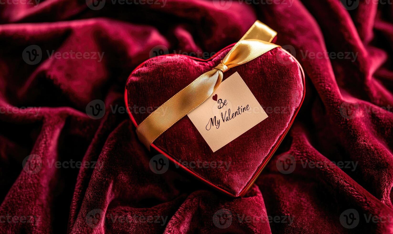 A red velvet heart with a gold ribbon and a tag that says My Valentine photo