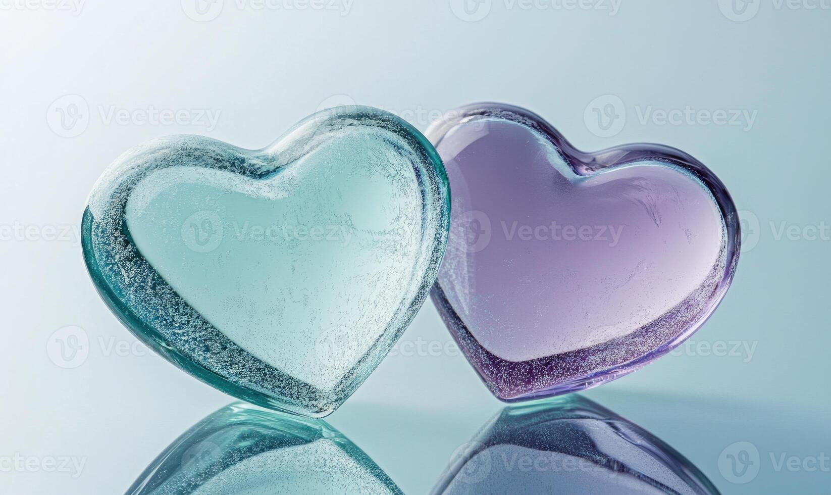 Two hearts made of glass are on a table photo