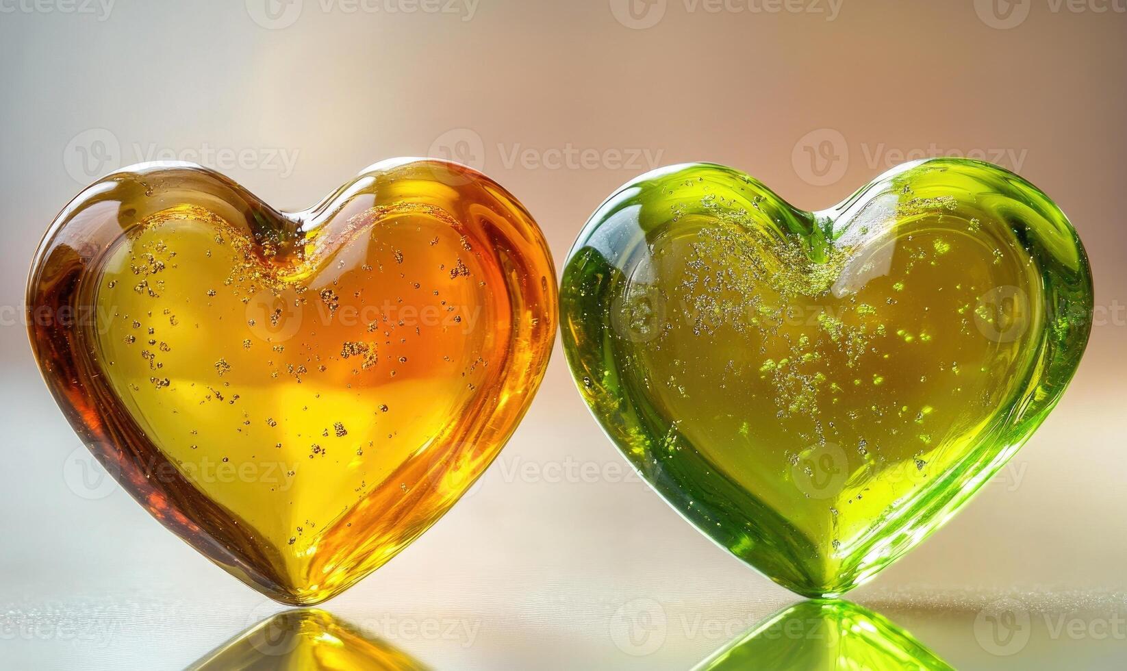 Two hearts made of glass, one green and one yellow photo