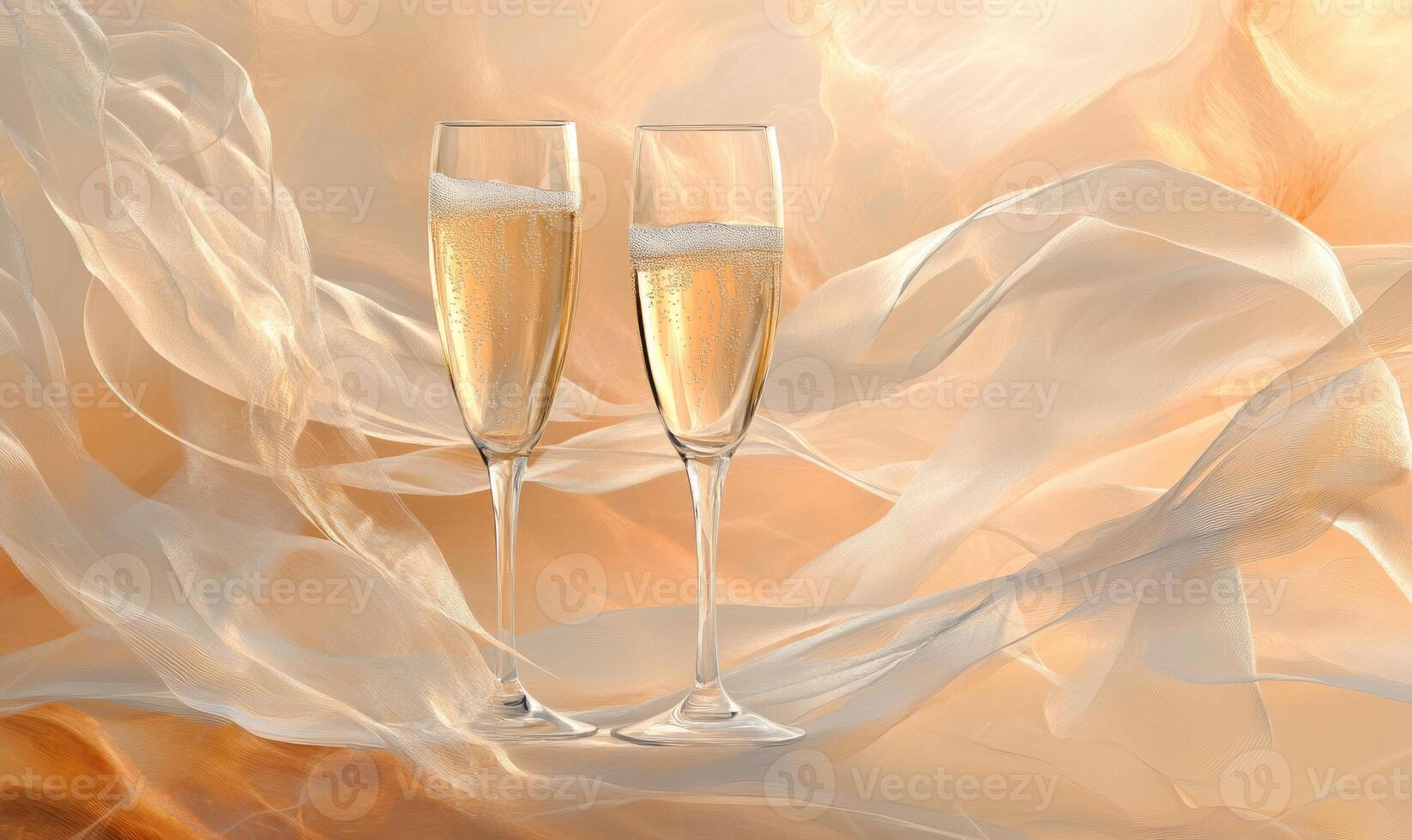Two champagne glasses are on a table with a white background photo
