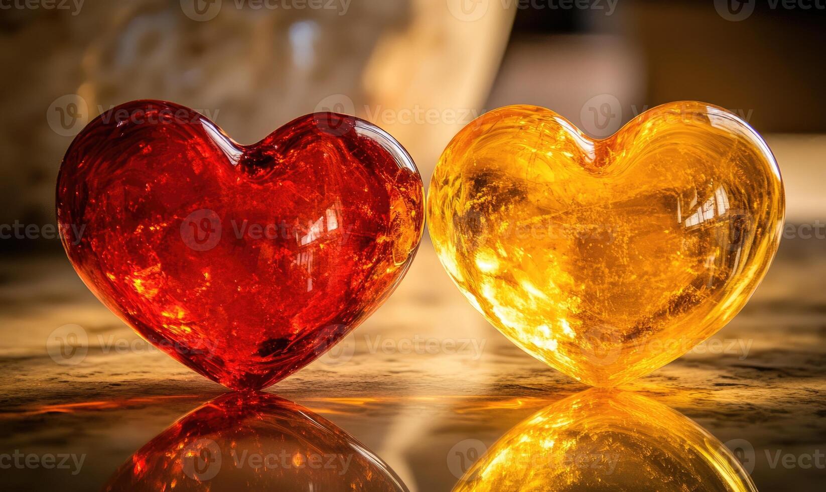 Two hearts made of glass, one red and one yellow photo