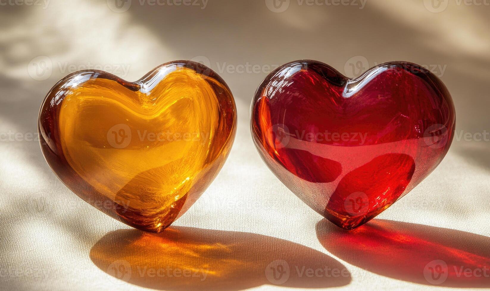 Two hearts made of glass, one orange and one red photo