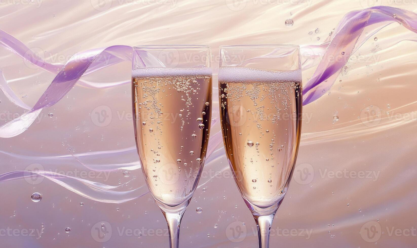 Two champagne glasses with a ribbon in the middle photo