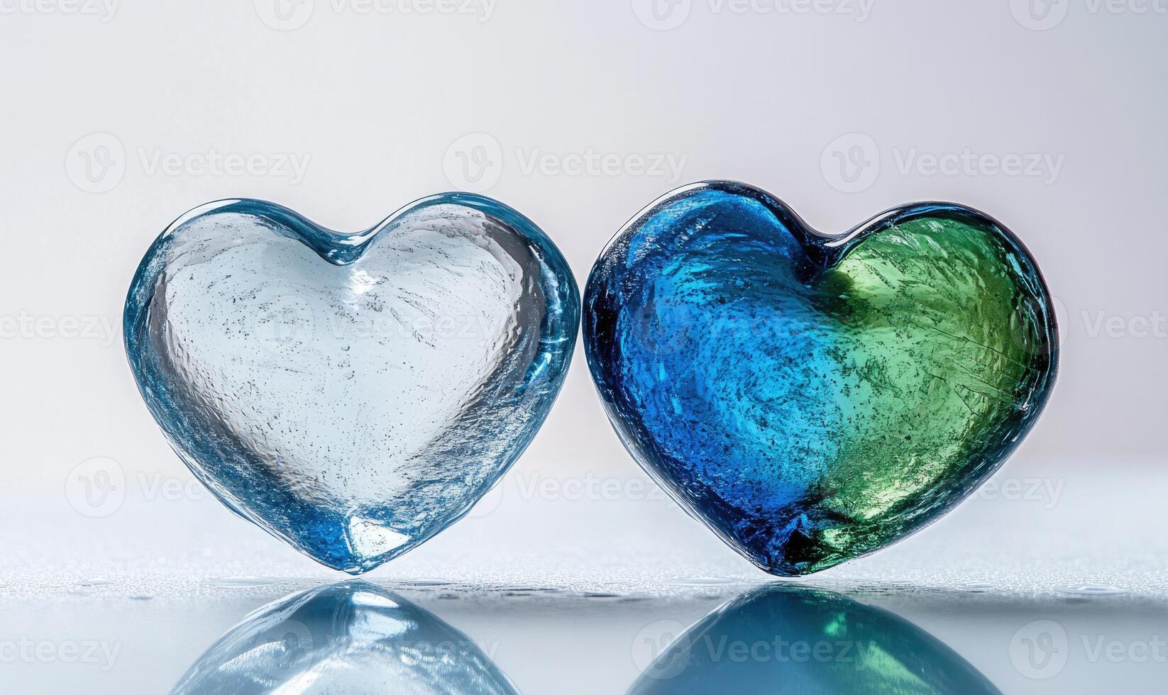 Two hearts made of glass are on a white surface photo