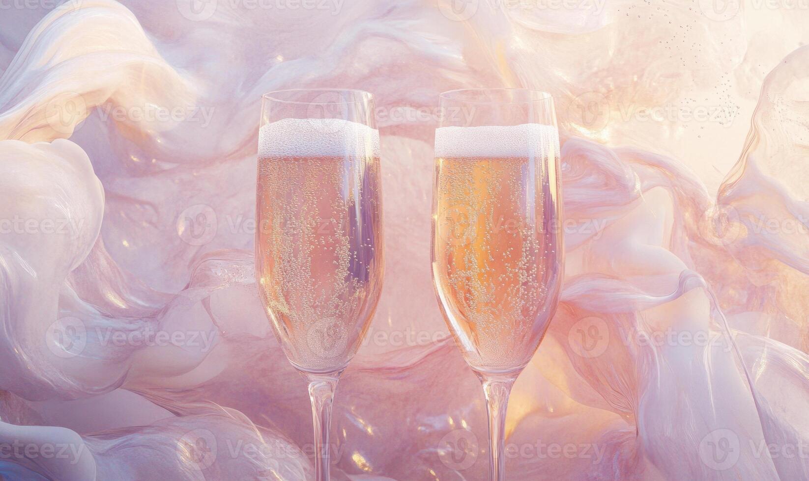 Two champagne glasses are on a table with a pink cloth photo