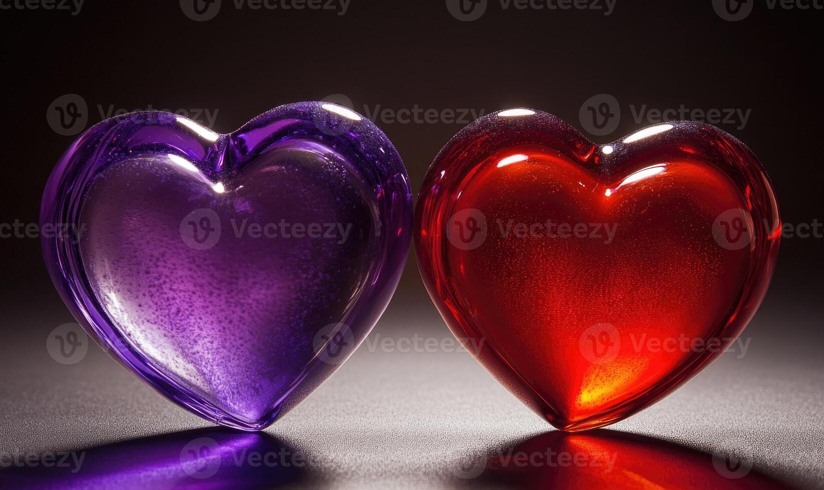 Two hearts, one purple and one red, are sitting on a table photo