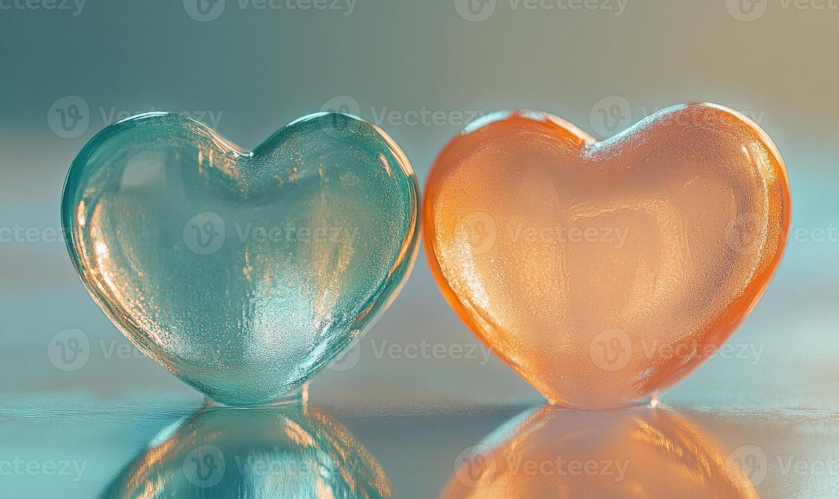 Two hearts made of ice are on a table photo