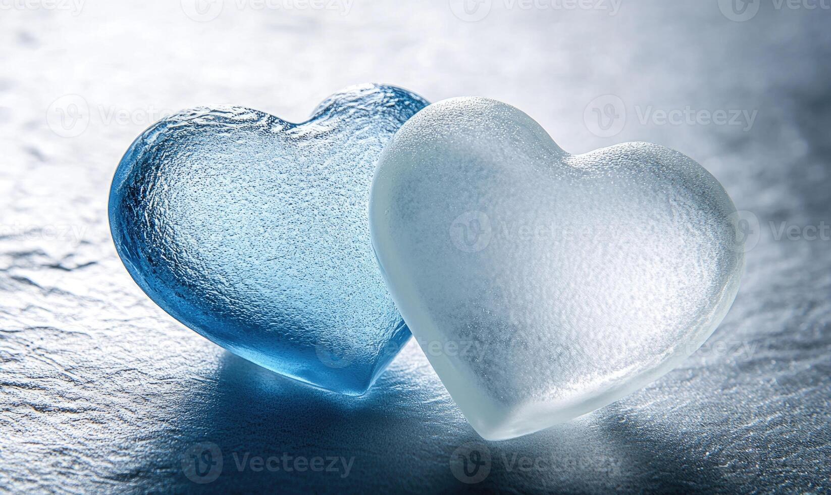 Two hearts made of ice are on a surface photo