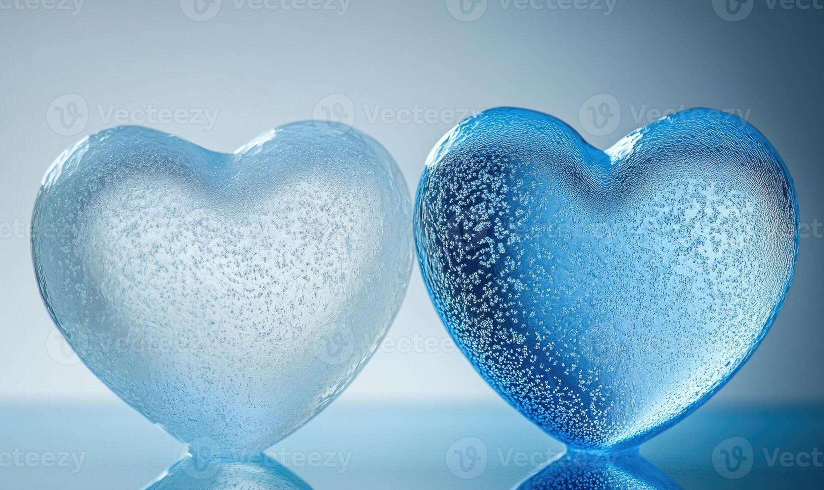 Two hearts made of ice are on a table photo
