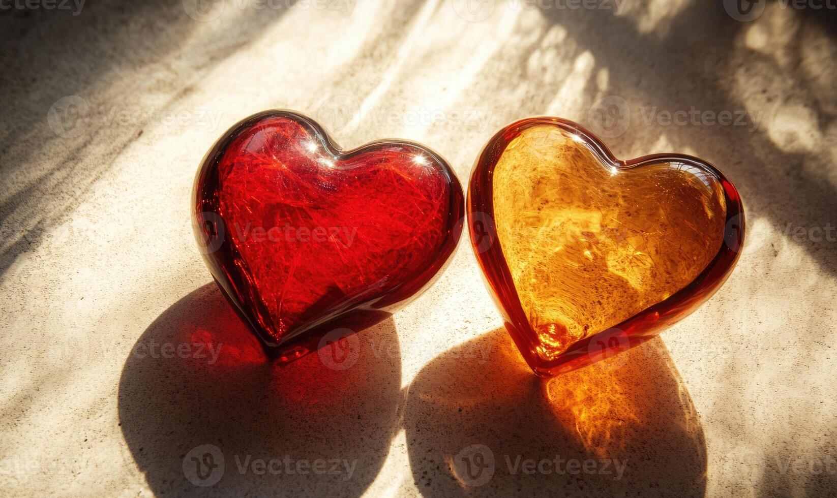 Two hearts, one red and one orange, are sitting on a table photo