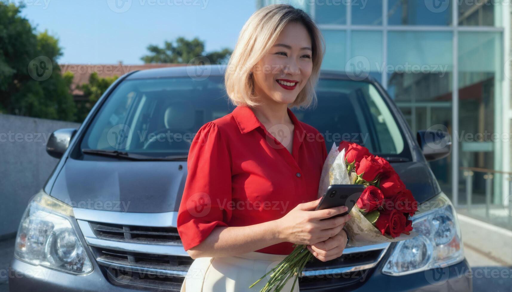 A smiling Asian woman in a red blouse and white skirt stands beside a black van, holding red roses photo