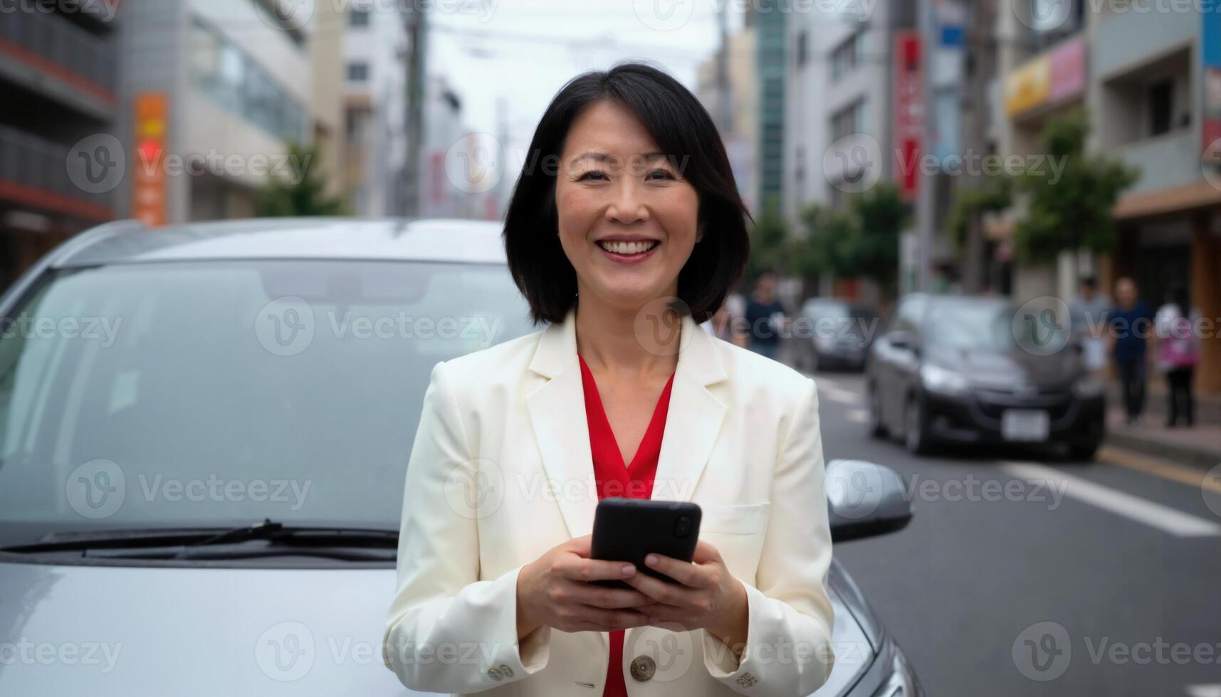 A smiling Asian woman in a white blazer and red shirt holds a smartphone in a busy urban street photo