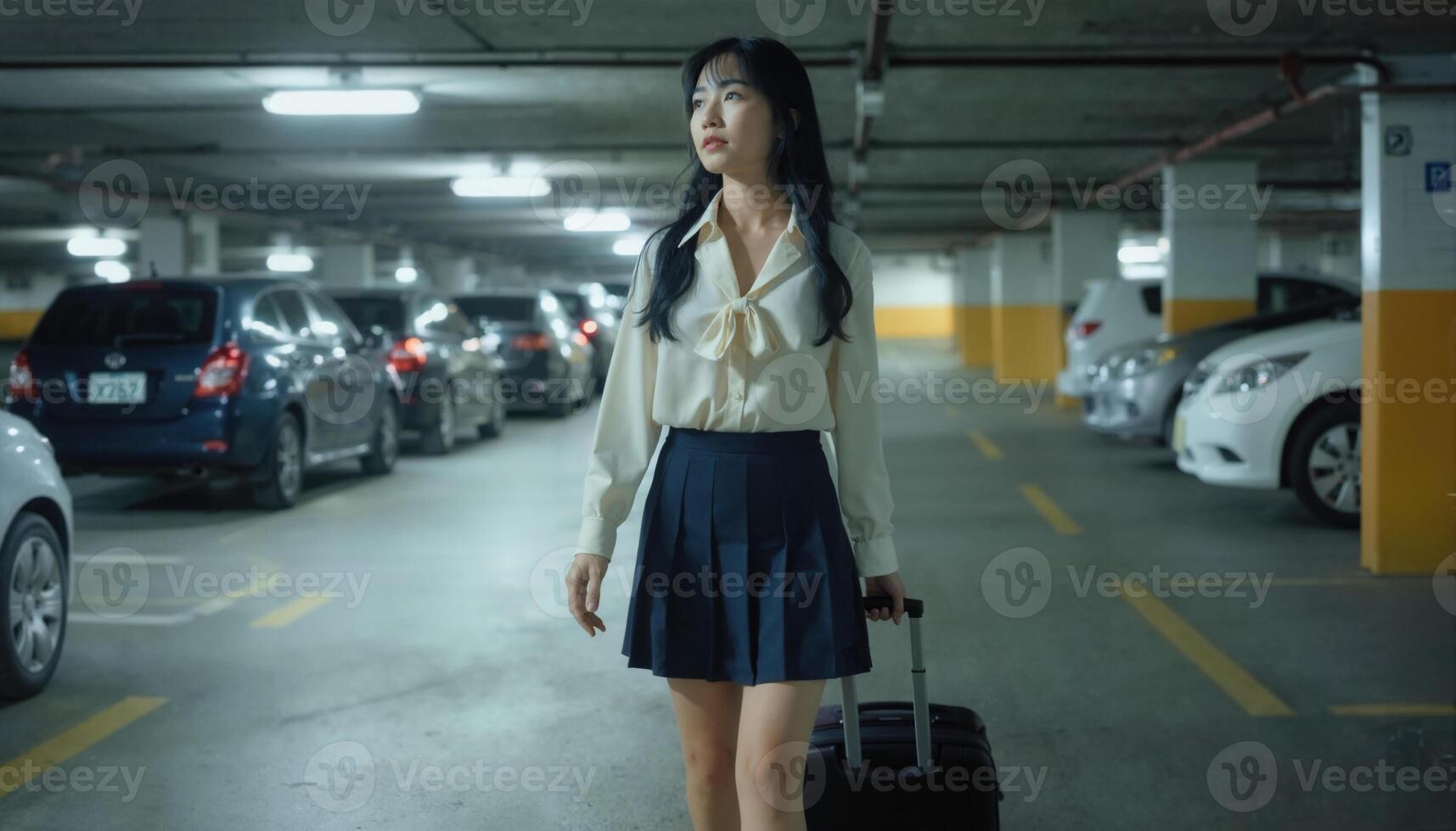 A woman in a white blouse and black skirt walks in a parking garage, carrying a suitcase photo