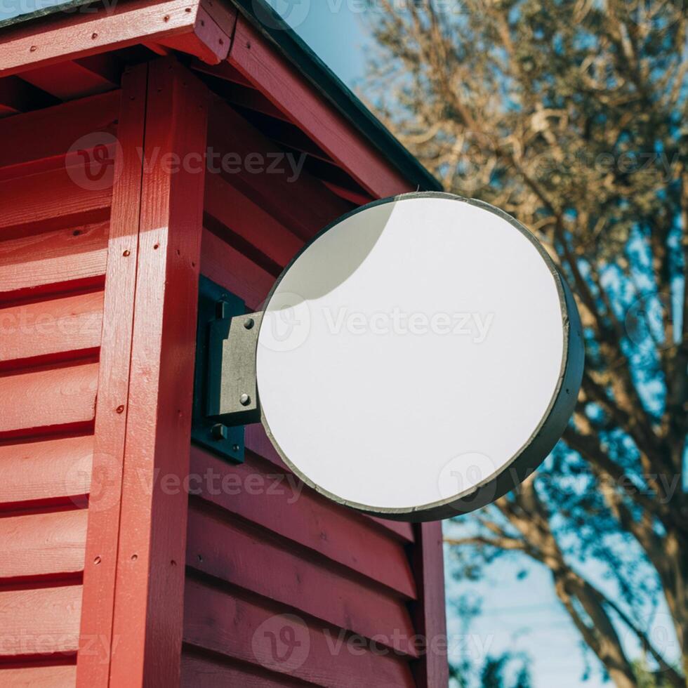 Red wooden structure with blank circular signboard, tree and clear sky background For Social Media Post Size photo