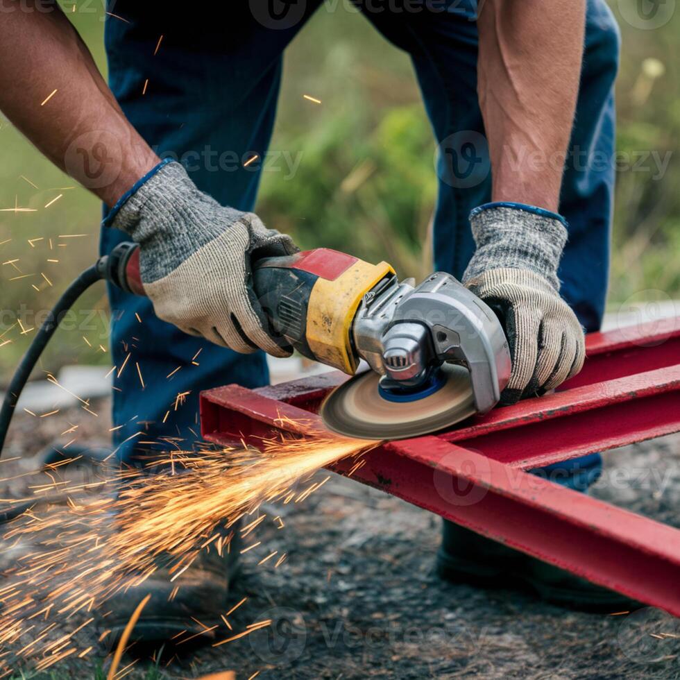 Worker using angle grinder on red metal structure, sparks flying outdoors For Social Media Post Size photo