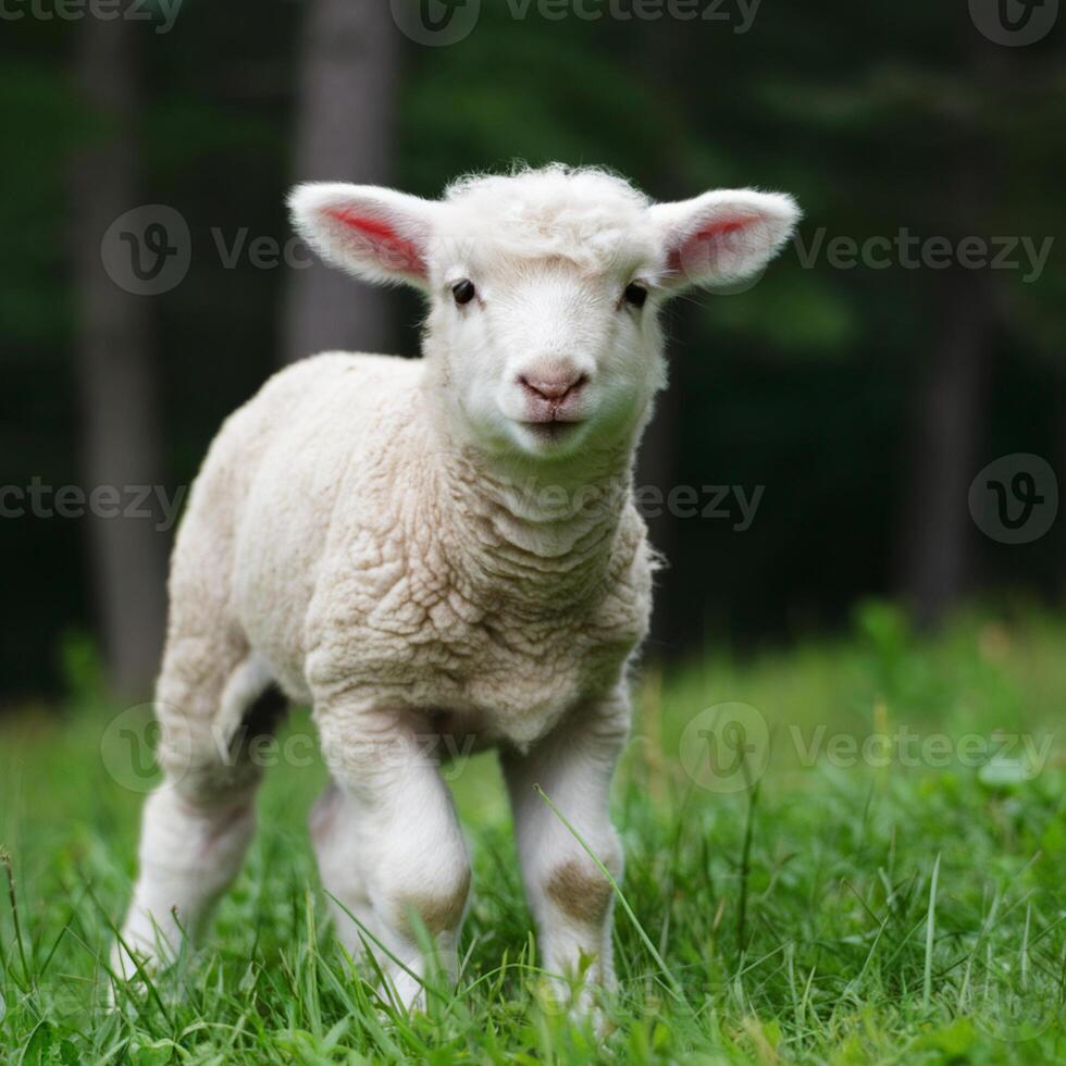 Fluffy lamb stands in lush meadow, ears perked up, blurred wooded background For Social Media Post Size photo
